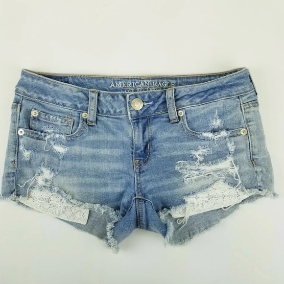 American Eagle Outfitters Pants - American Eagle 2 Stretch Distressed Raw Hem Lace Pocket Blue Women's Shorts